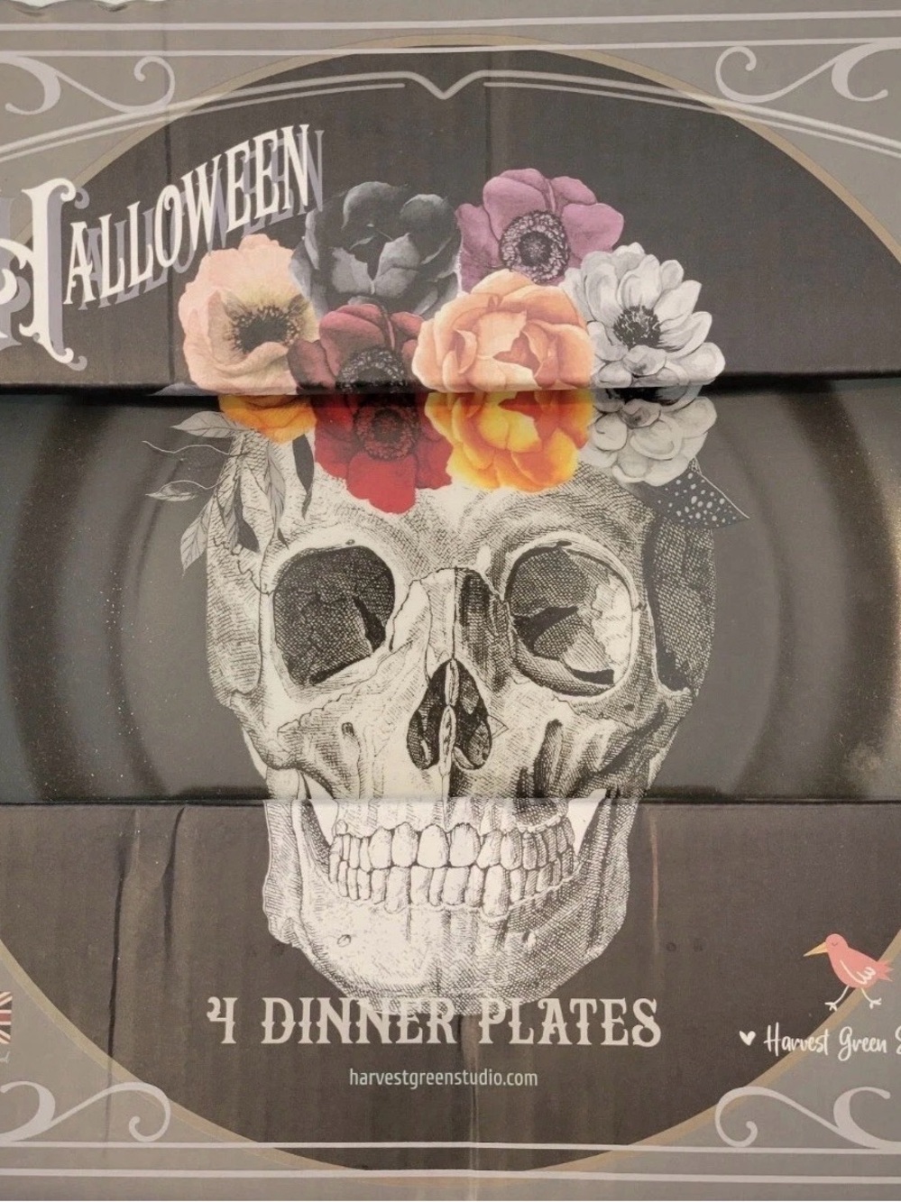 4 pk Harvest Green Studio HALLOWEEN Skull Roses Crown Dinner Plates Black NIB
